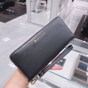 Large Continental Wallet Wristlet Black Leather